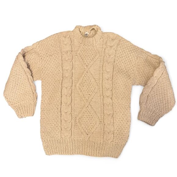 Sweater Connection 100% Wool Cable Knit Fisherman Sweater Beige XL Hand Made Ecu - Picture 1 of 7